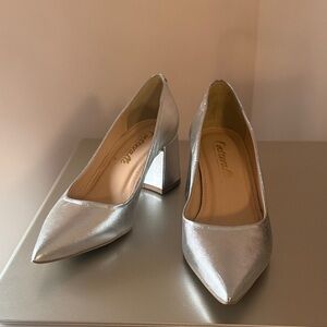Metallic Silver Pointed-Toe Block Heel Pumps